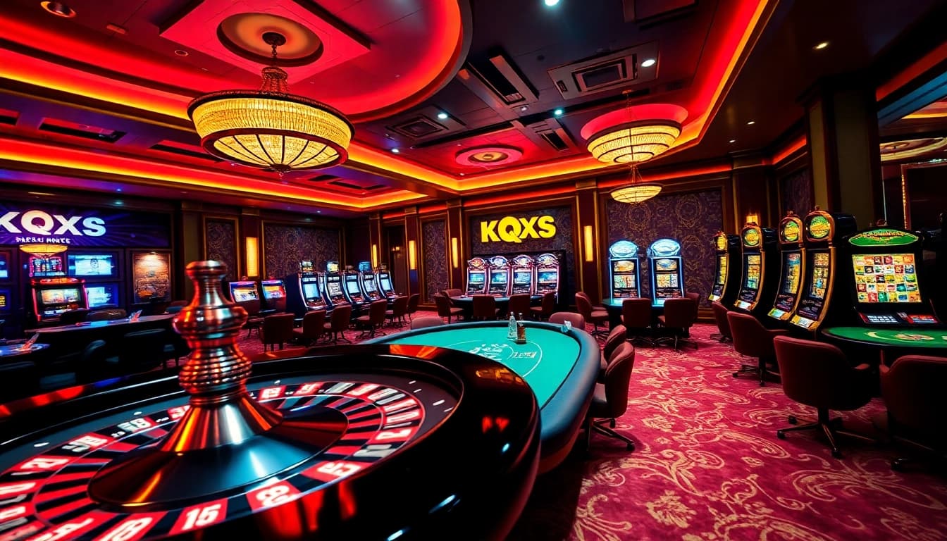 Kqxs casino scene featuring an excited roulette wheel and lively poker table in a luxurious setting.