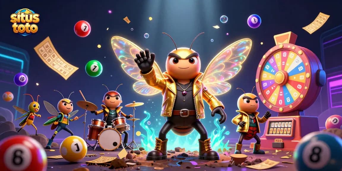 Engage in thrilling situs toto gameplay with a vibrant 3D scene of a magical rockstar and vibrant lottery elements.
