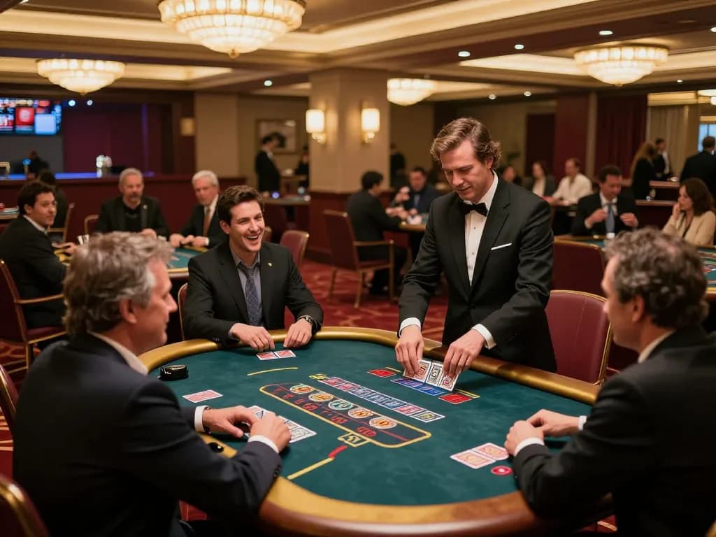 Players at luxurious blackjack table engaging strategically, featuring alarifearchitects design elements in elegant casino setting.