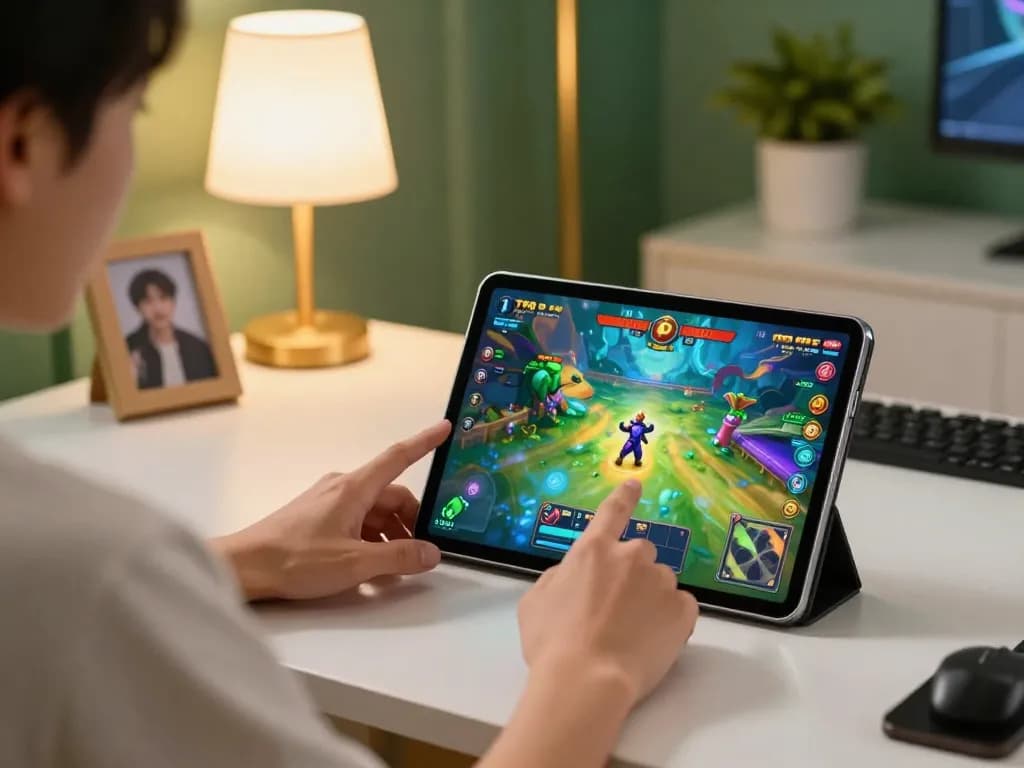 Engaged user plays tt88 nohu game on tablet at stylish home setup, showcasing online gambling excitement.
