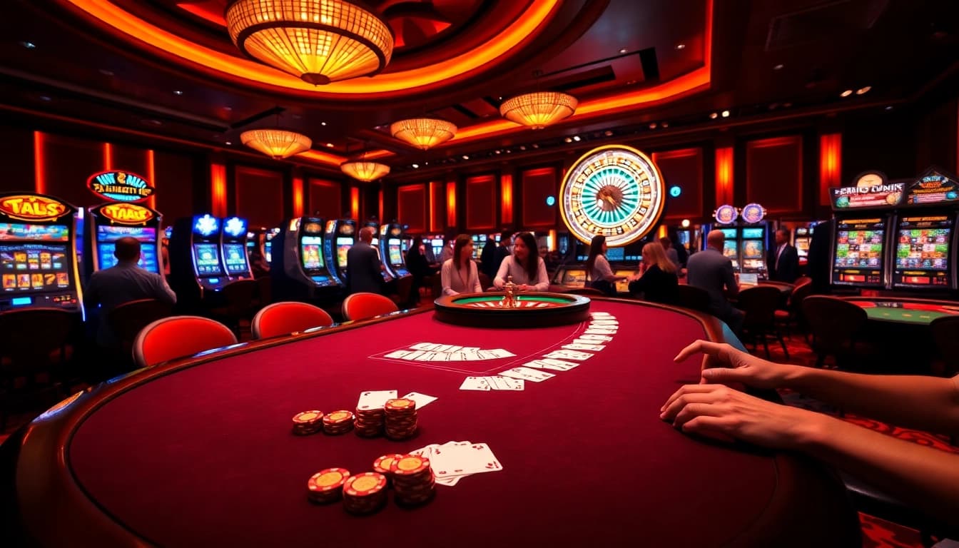 VA88 players strategizing at an upscale casino table with vibrant poker chips and cards.