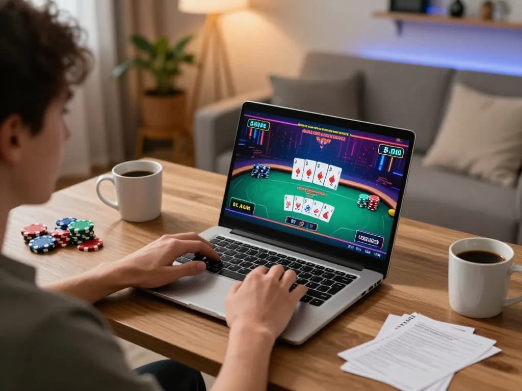 Player enjoying online poker gameplay on rr88 yet maintaining a cozy, responsible gaming environment.