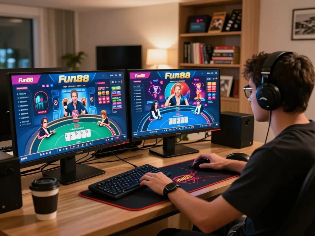Fun88 online casino gameplay in a cozy home setting with a player enjoying strategic betting