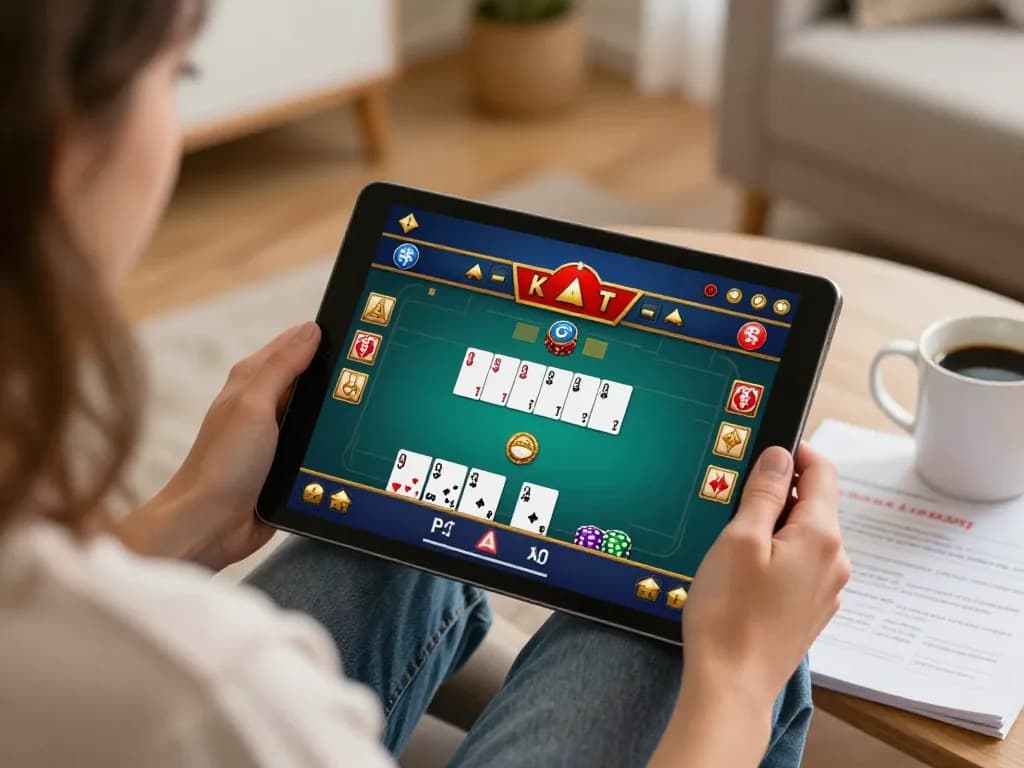 Engaging in F168 COM online poker strategy on a tablet in a cozy home setting