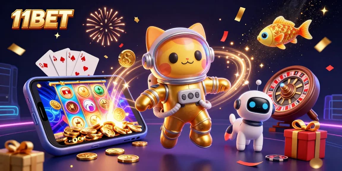 Experience thrilling gameplay with 11BET as a space astronaut cat and robot dog discover exciting casino elements.