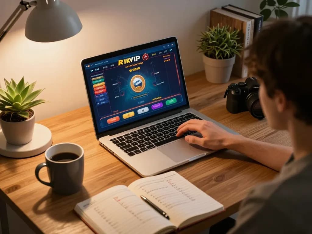 Player engaged in online casino gaming on RIKVIP from home, showcasing a cozy workspace.