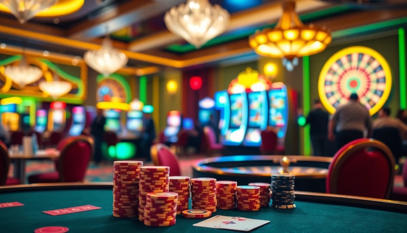Experience C168's thrilling casino atmosphere with exciting games, poker chips, and vibrant slot machines.