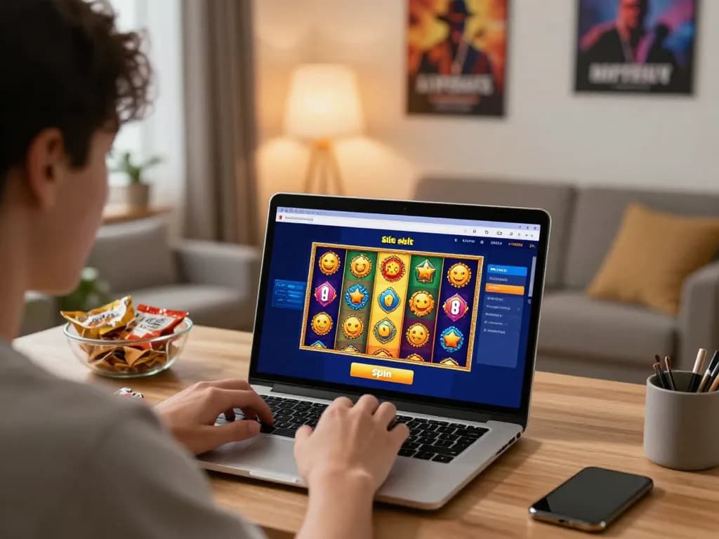 Situs slot gaming session on a laptop showcases vibrant online slot excitement and strategic engagement.