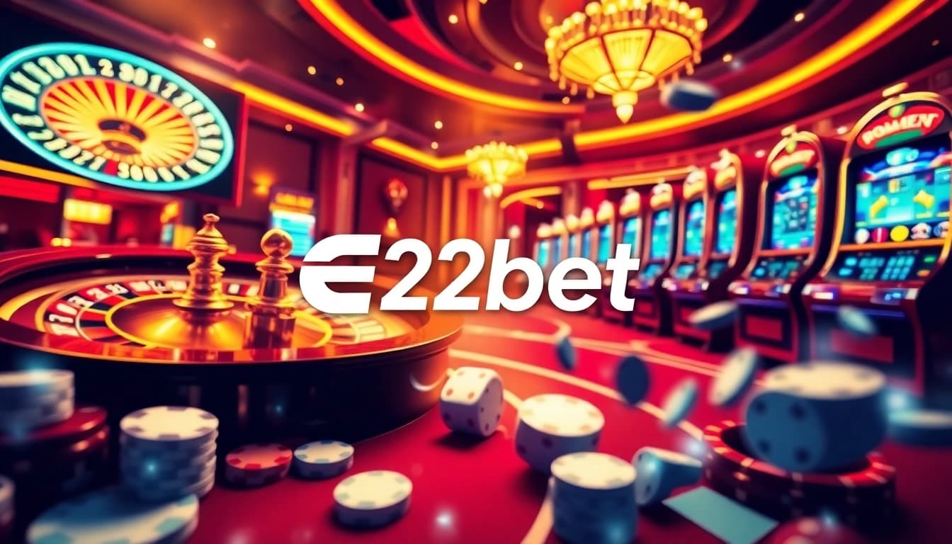 E2bet casino scene featuring poker chips and a roulette wheel in a vibrant atmosphere.