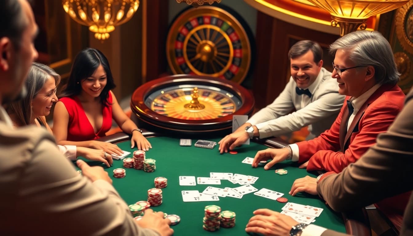 Players engaged in a thrilling poker game at BDTK66 casino, showcasing luxury and excitement.