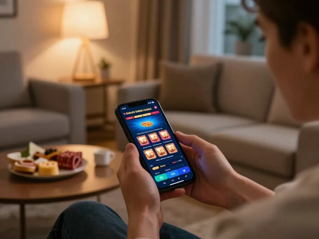 The best online casinos that pay real money showcased with a player engaging on a smartphone in a cozy home setting.