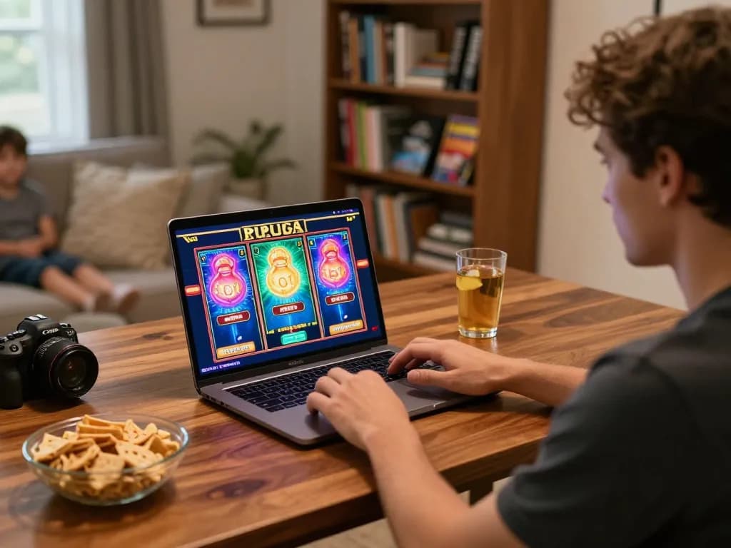 Engaging with online casino games using a No Deposit Bonus at home, showcasing colorful slots on screen.