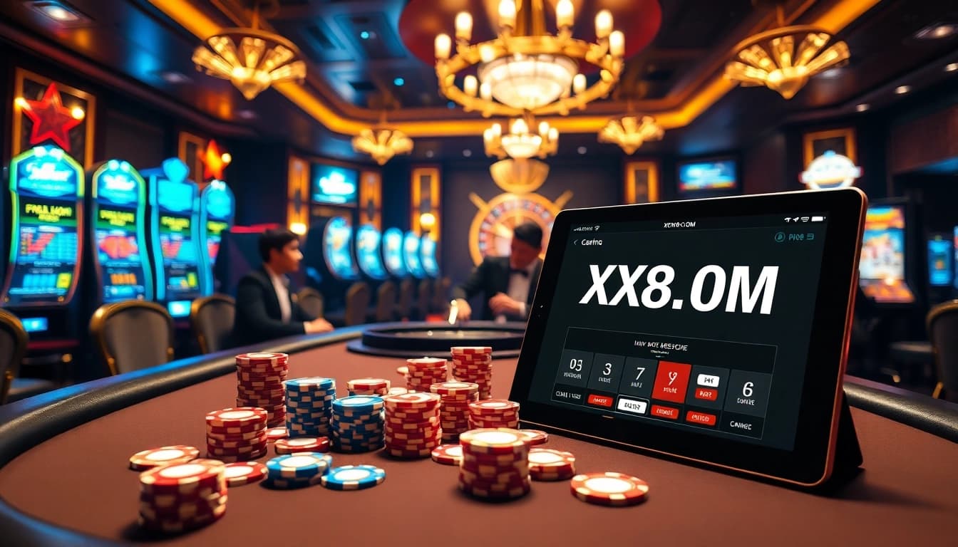 Experience high-stakes action at XX88.COM poker table filled with vibrant chips and cards.