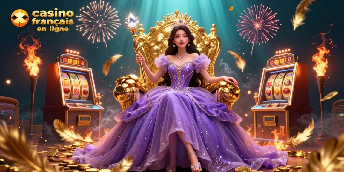 Vivez l'excitation des casinos francais en ligne avec une illustration 3D captivante d'une reine majestueuse et de machines à sous.