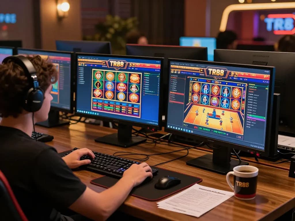 Player engaging with TR88's online casino interface, showcasing vibrant gameplay and responsible gambling.