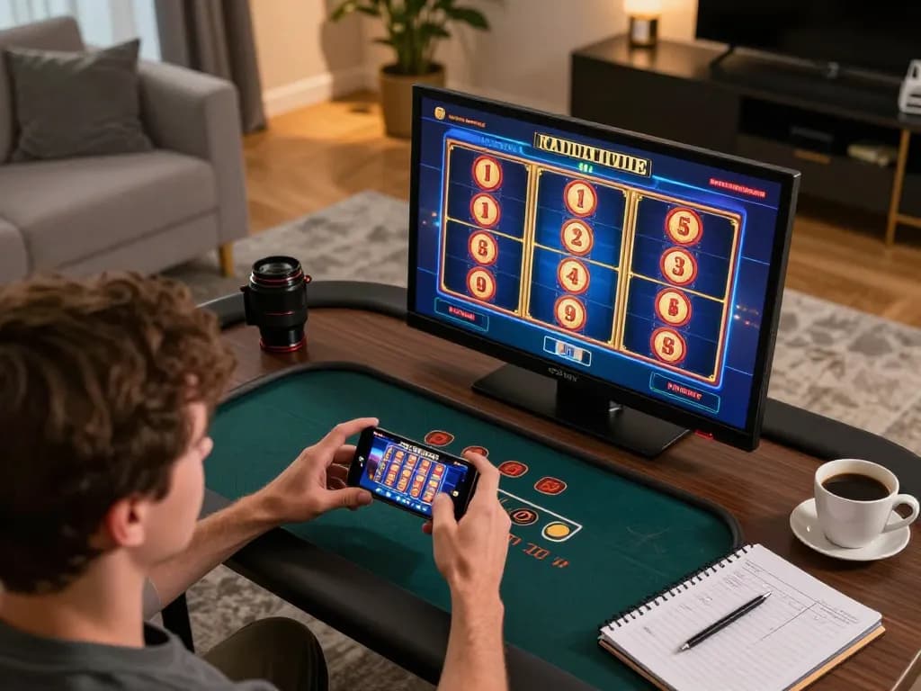 Pemain Pupisgames menikmati permainan slot online di smartphone dalam suasana rumah yang nyaman