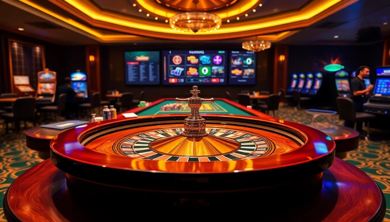 Experience the thrill of winning at https://98win3h.io/ with an exciting casino scene featuring roulette and poker.