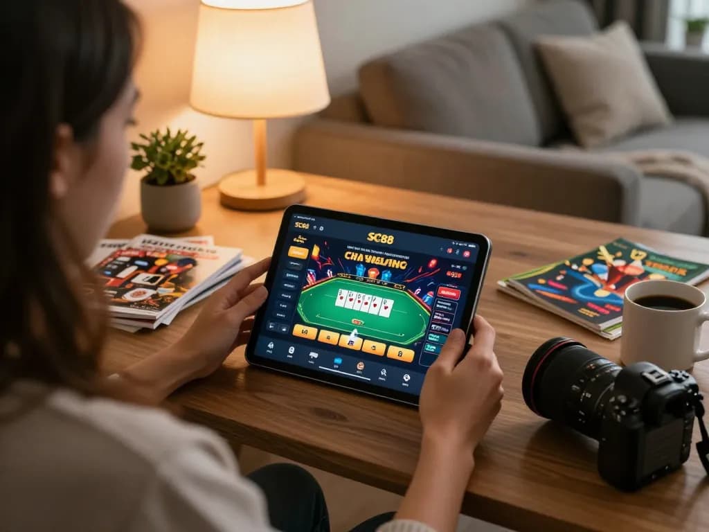 Player engaging in SC88 online poker game from cozy home setup, blending relaxation and strategy.