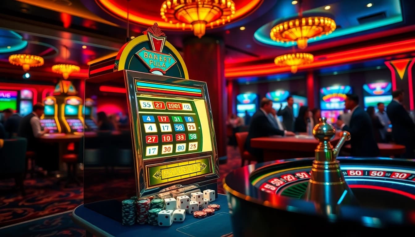 Pemain bersemangat menikmati pengalaman mesin slot di setting kasino mewah, menampilkan warna-warna cerah dan glamor.