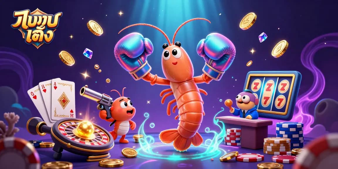 Experience แทงบอลเต็ง with vibrant 3D shrimp characters and dynamic casino elements illustrated in detail.