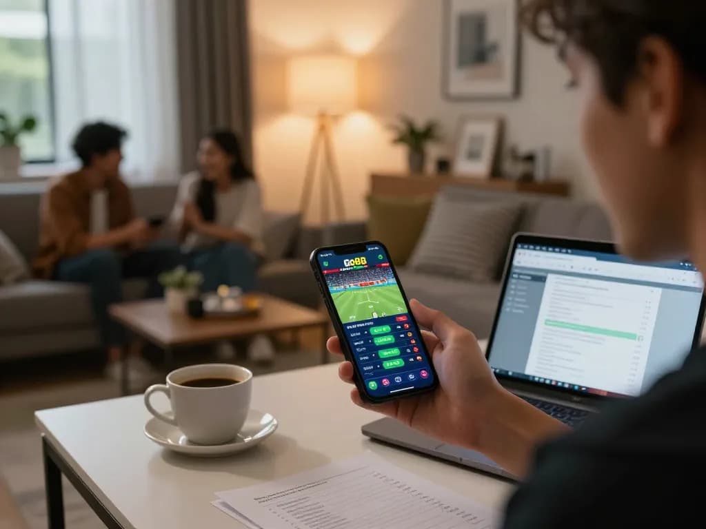 Exciting moment of a player using Go88 mobile sports betting interface at home, showcasing the thrill of online gaming