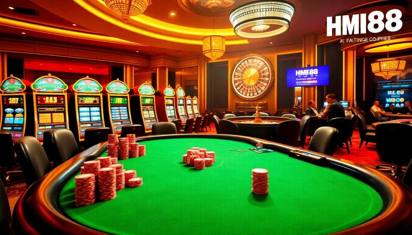 Players engaged at a poker table in a luxurious casino showcasing HM88's thrilling gambling experience.