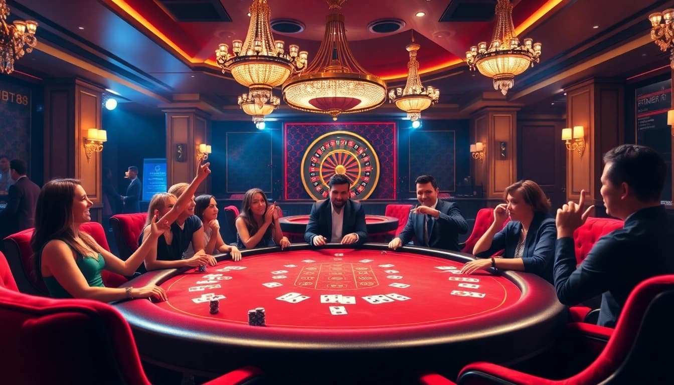 Players strategizing at a high-stakes poker table in HB88 casino, showcasing excitement and luxury.