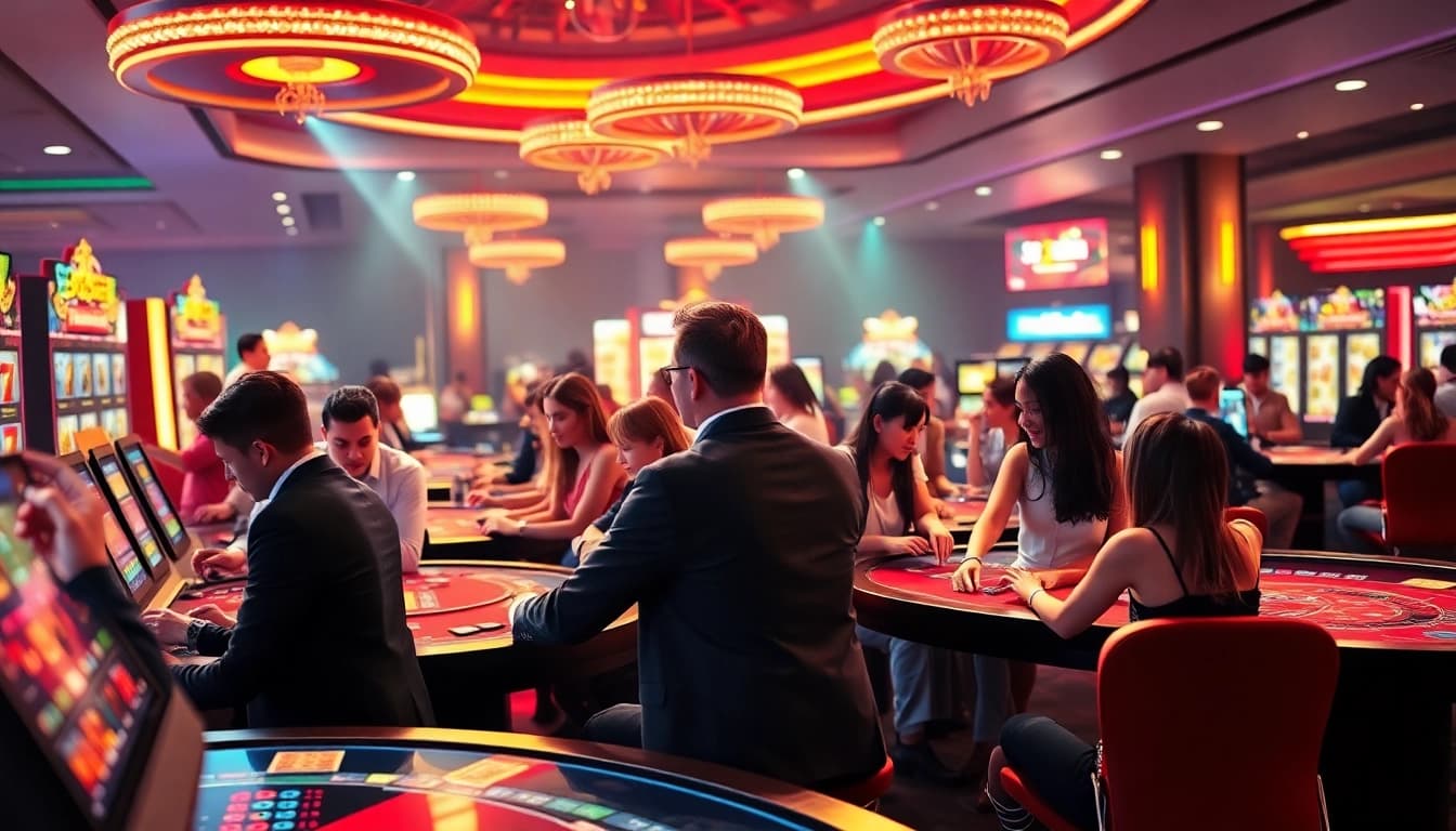 33win casino scene with diverse players enjoying gaming excitement, vibrant atmosphere.