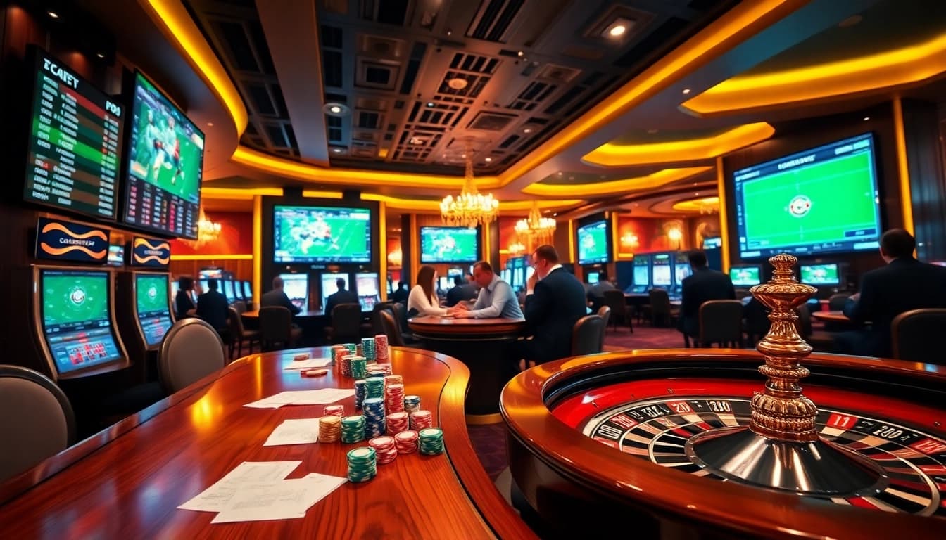Action-packed Agen Judi Bola scene with sports betting, vibrant tables, and professional gamblers.