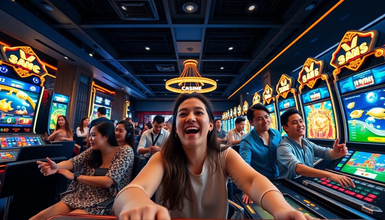 Players enjoying online games at https://33win.global/ showcasing excitement in a modern casino setting.