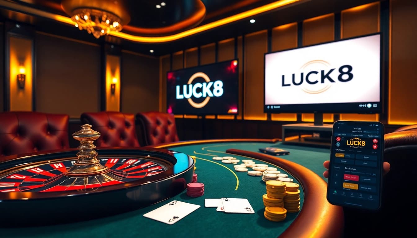 LUCK8 logo shines amid a vibrant online casino scene with poker chips and roulette.