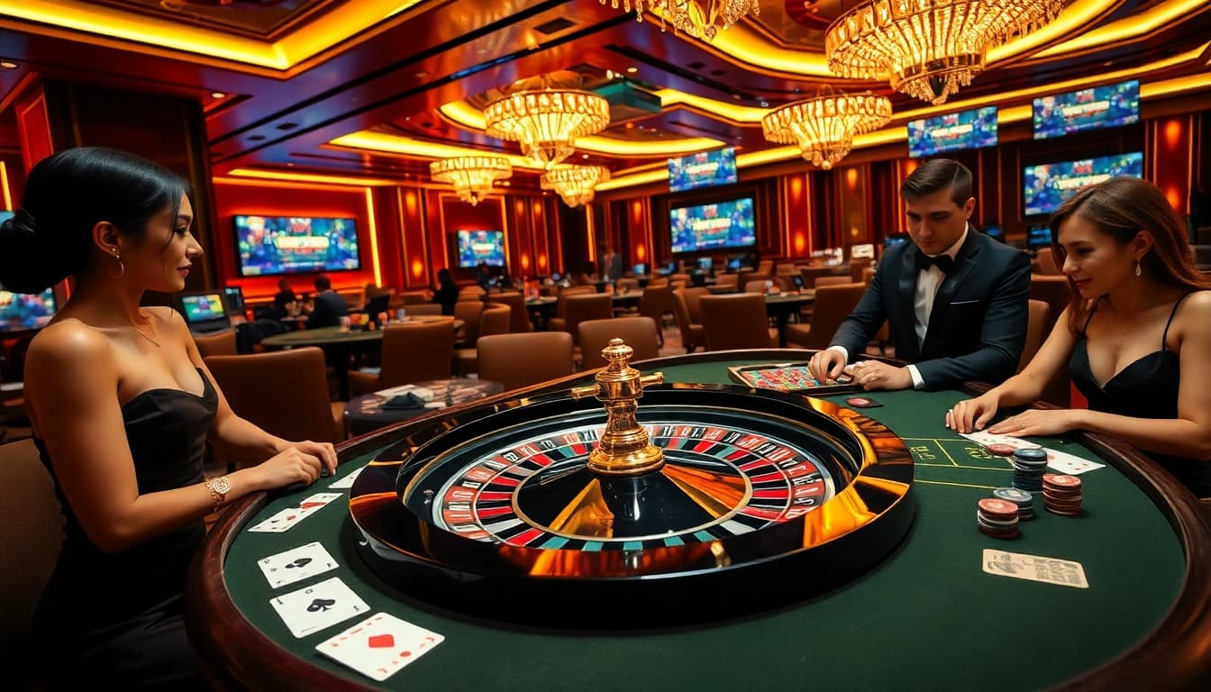 Gamblers enjoying a luxurious mi88 casino experience at a vibrant gaming table.