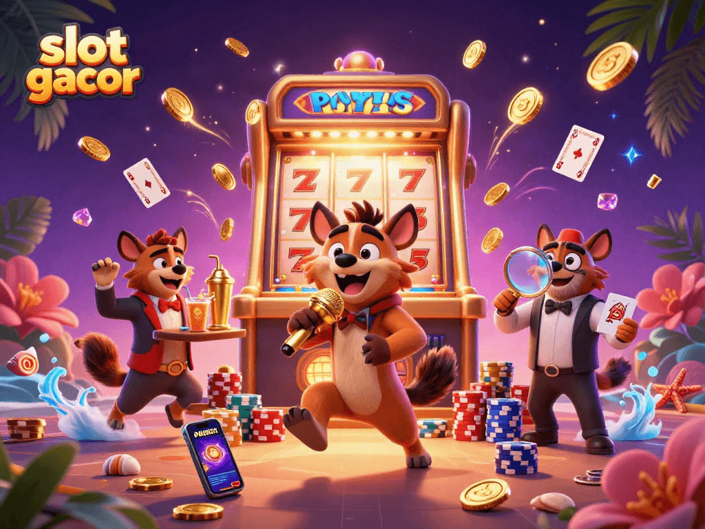 Engage with slot gacor dynamics as cartoon hyenas entertain in a lively casino scene.
