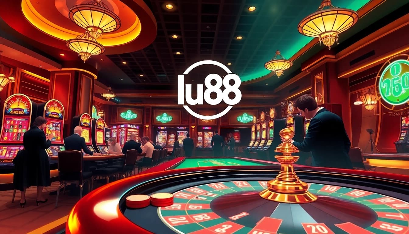 Engaged players enjoying a vibrant casino atmosphere with lu88 branding, featuring roulette and poker games.
