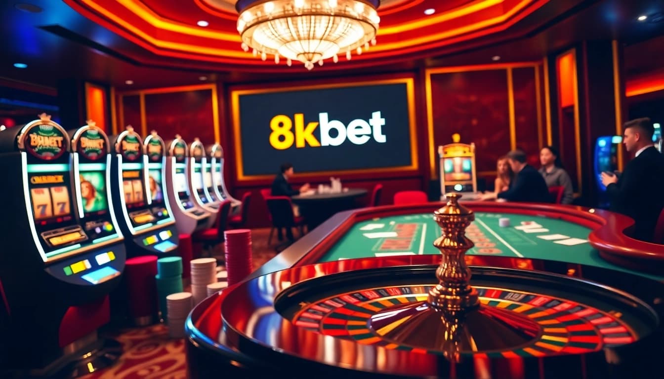 Experience thrilling bets at 8kbet casino with elegant gaming tables and vibrant slot machines.
