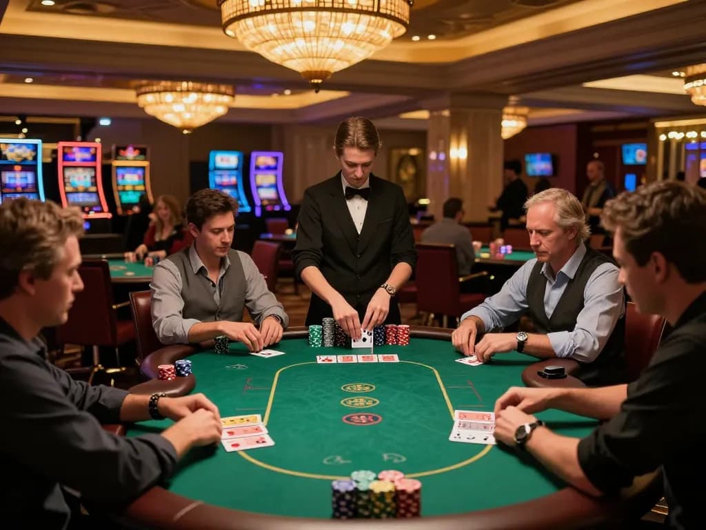 Players engaging in high-stakes poker at LC88 casino with chips stacked high and excitement in the air