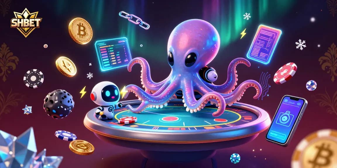 Experience SHBET's vibrant casino adventure with a 3D alien octopus at a holographic poker table.
