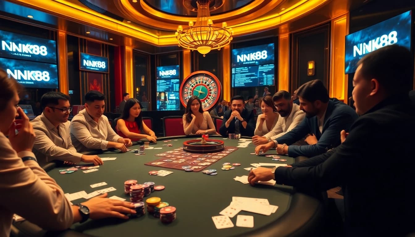 Exciting gambling scene at https://nk88vip.it.com/ featuring poker players and a roulette wheel.