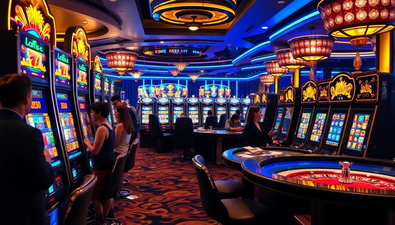 Players enjoying thrilling slot machine games in a luxurious casino environment.