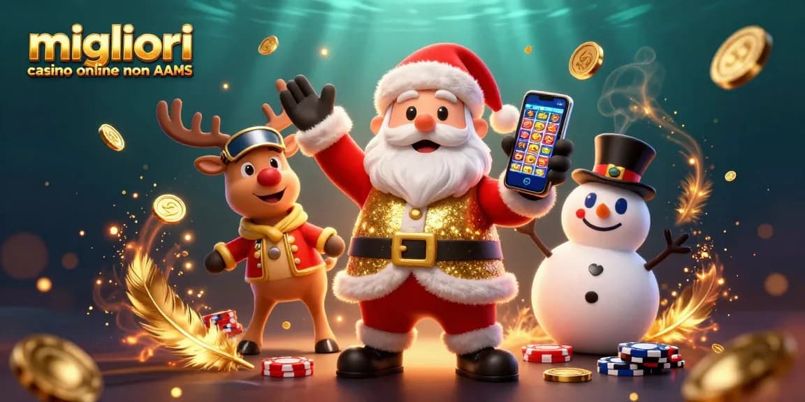 Migliori casino online non AAMS scena che mostra Babbo Natale e amici mentre festeggiano vittorie al jackpot in un vivace casinò.