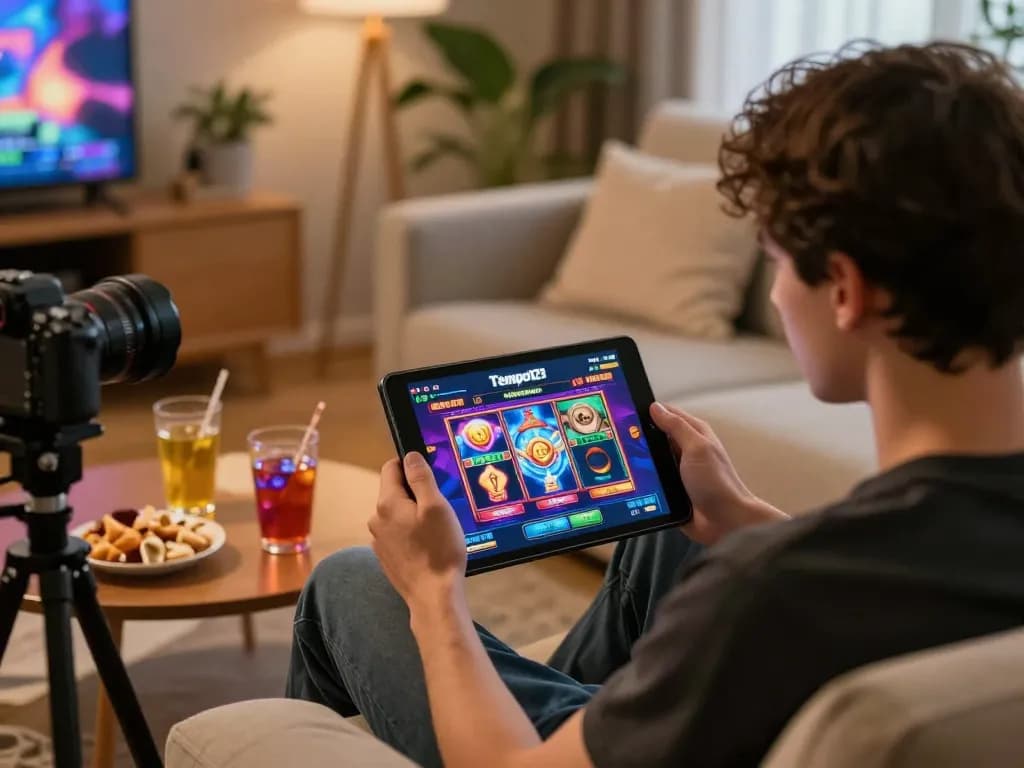 Pemain yang terlibat menikmati permainan slot Tempo123 di tablet dalam lingkungan rumah yang nyaman