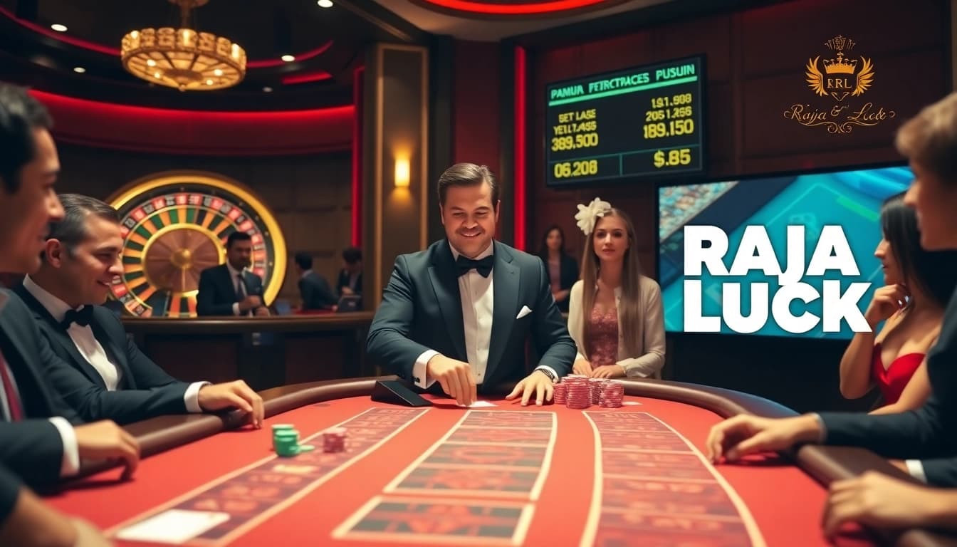 Experience thrilling wins at Raja Luck casino with a vibrant baccarat table and roulette wheel.