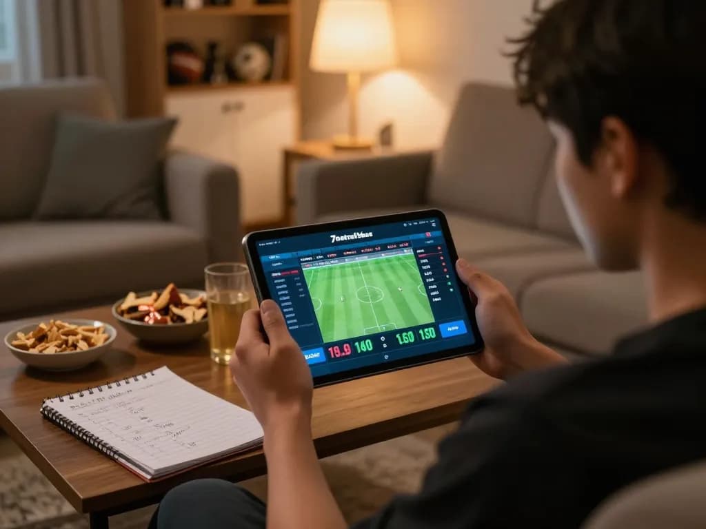 Engaging scene of a user strategizing on 7meter Judi Bola while betting on sports, showcasing a cozy home environment