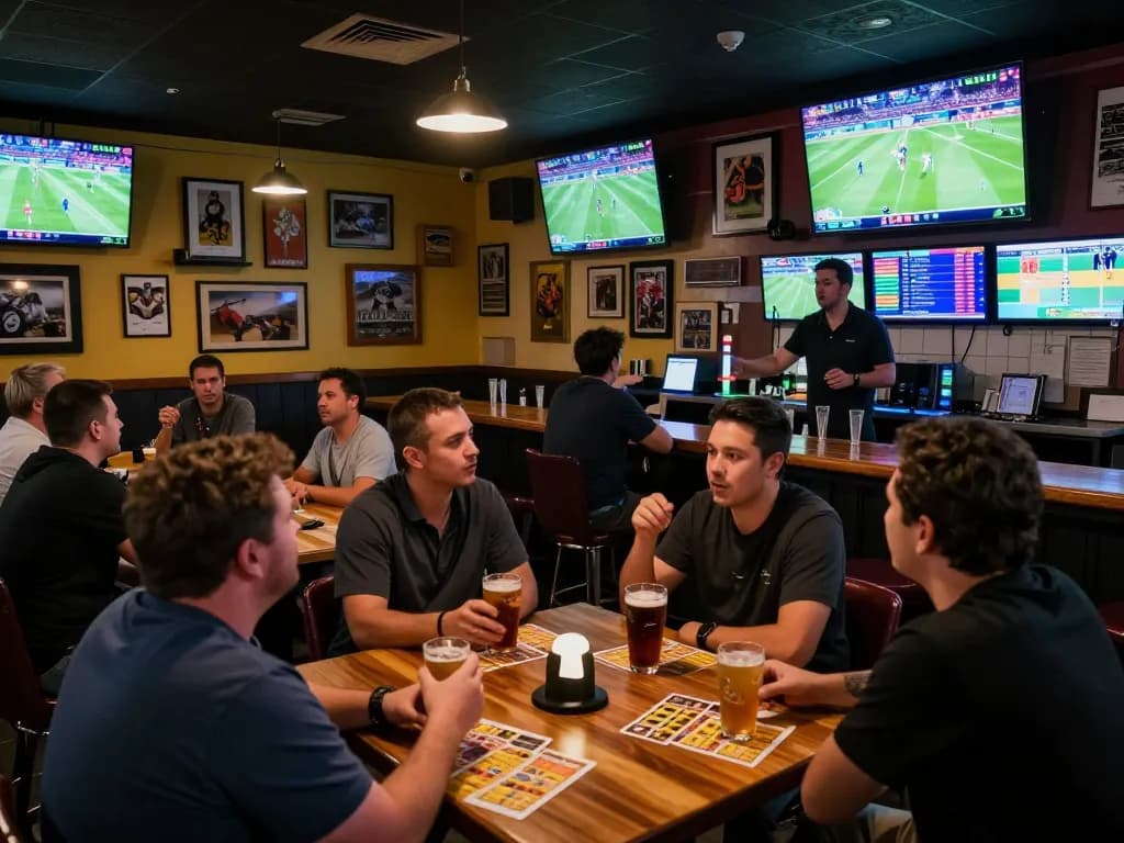 Excited patrons engaging in betting activities while watching live sports, exploring tỷ lệ nhà cái for odds