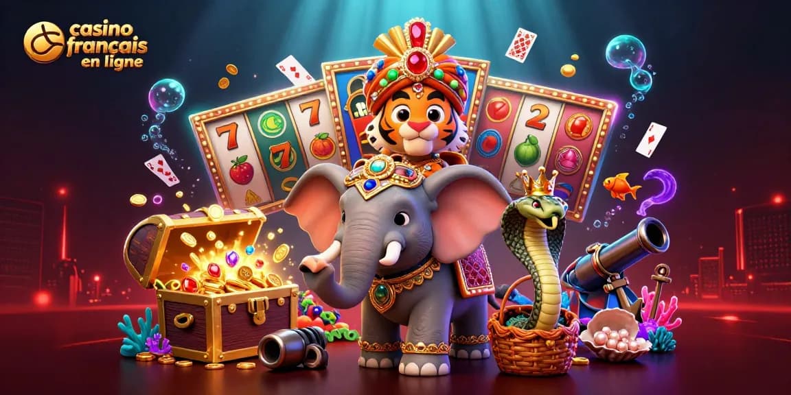 Découvrez le monde vibrant des casinos français en ligne avec un maharaja et un éléphant cartoonesques entourés d'éléments de jeu colorés.