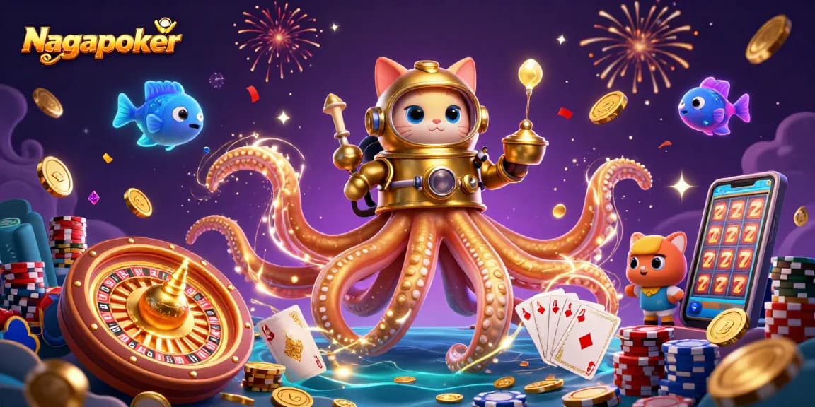 Nagapoker showcases a dynamic 3D casino scene with a kraken and diving cat amid golden coins and vibrant poker elements.