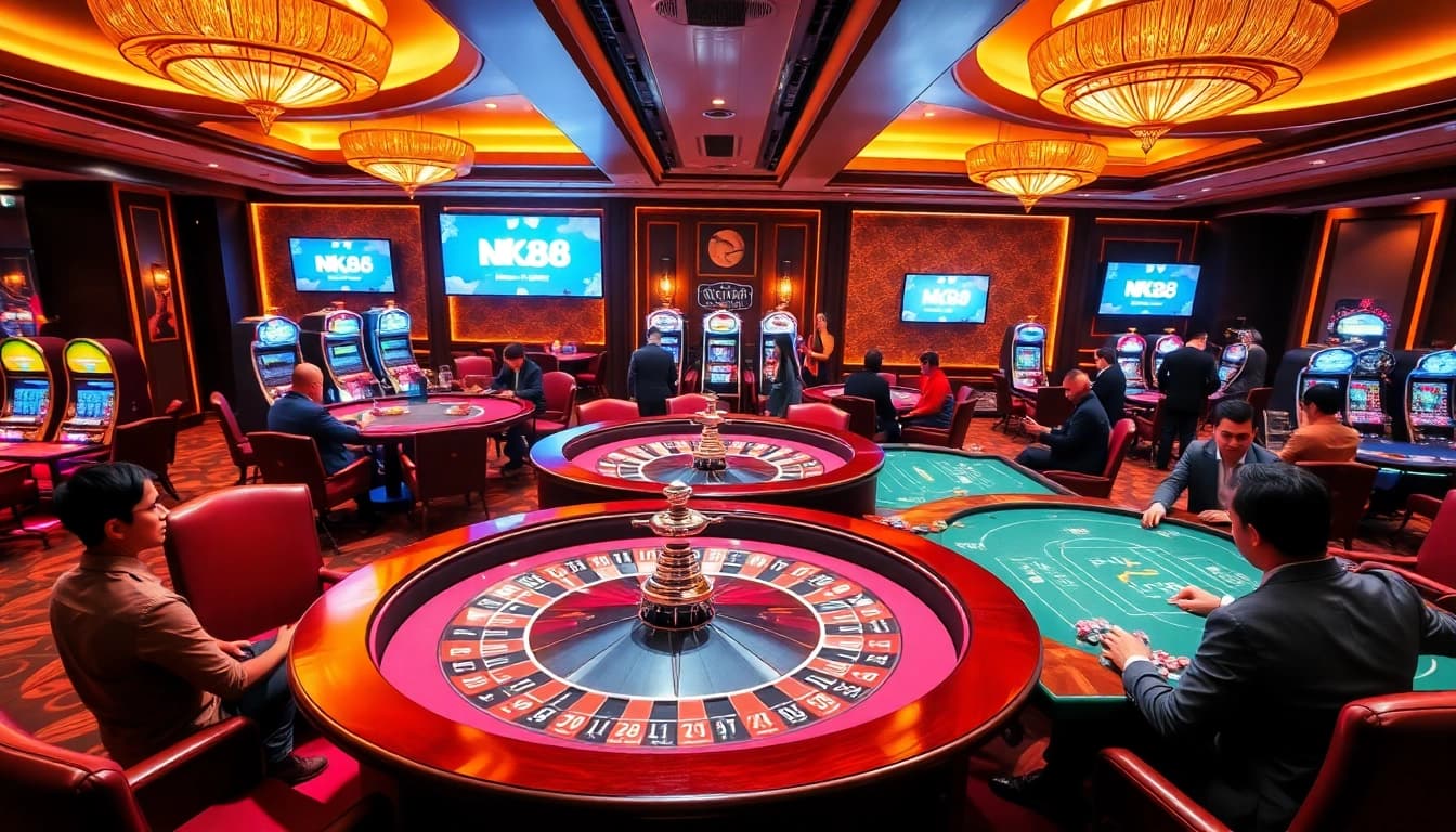 Players enjoying vibrant casino games at NK88, with roulette wheels and poker tables.