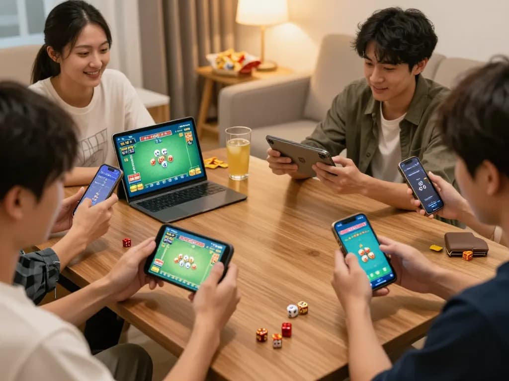 Tai xiu players enthusiastically engaging with online game on their devices in a cozy home setting.