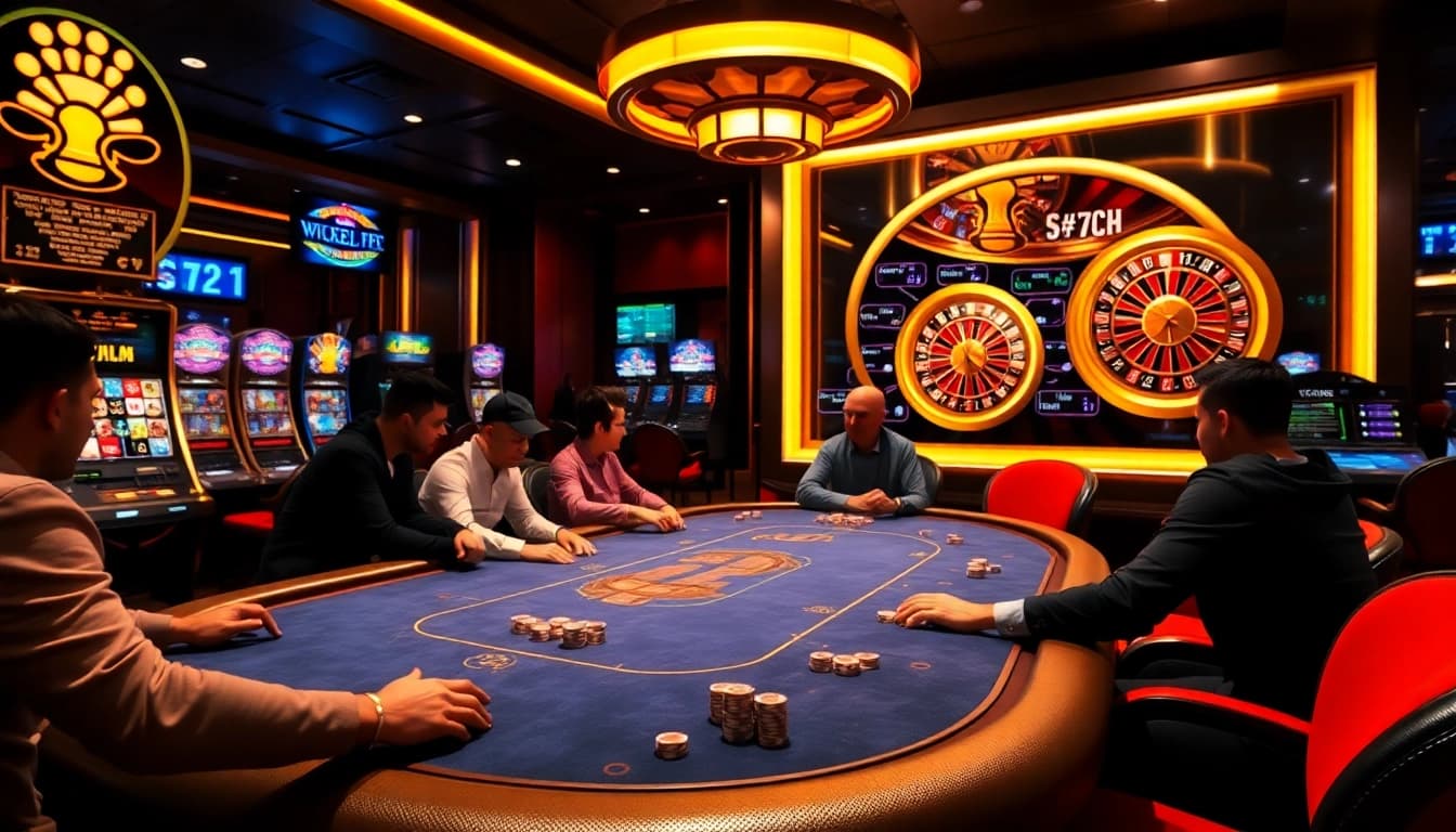 Experience the thrill of gambling at Goal123 with a vibrant casino scene featuring poker and roulette.
