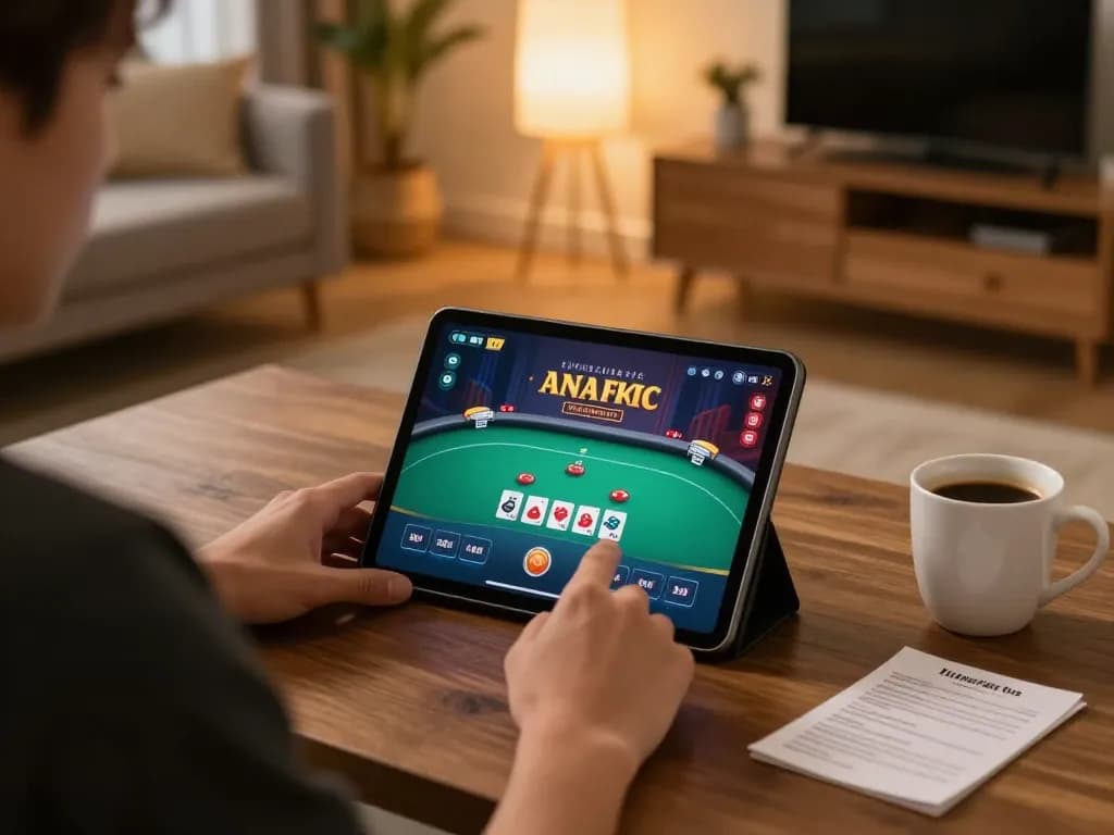 Engaged user playing rikvip poker game on tablet, showcasing online gaming excitement and strategy